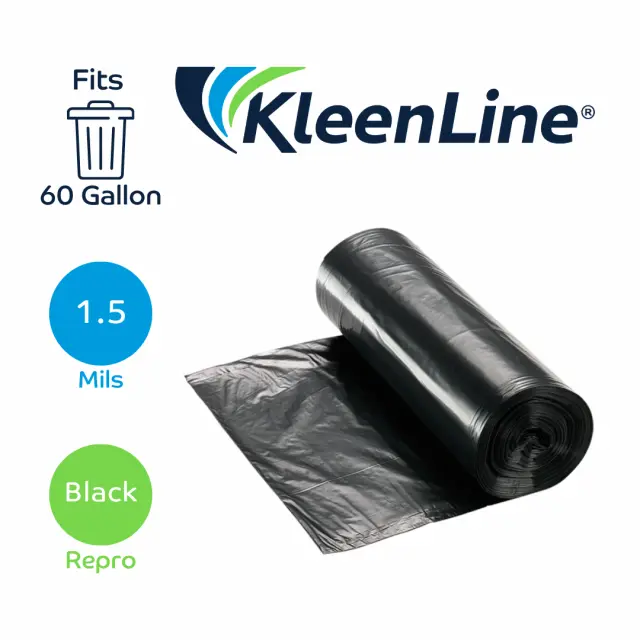 Kleenline 38x58 Black Can Liner 704261 1.5mil Coreless 60 Gallon (5/20)